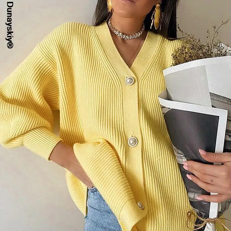 

Chic Casual Women's Knit Sweater Coat Button Long Puff Sleeve Solid Cardigans New Autumn 2022 Outerwear Loose Cardigan Sweaters