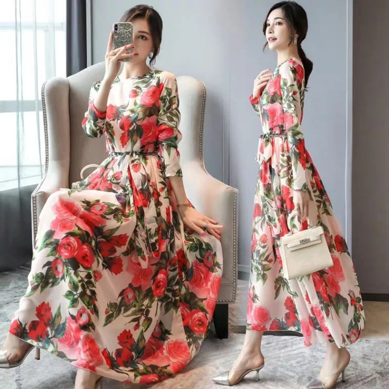 Женское шифоновое платье средней длины с цветочным принтом | Женская одежда