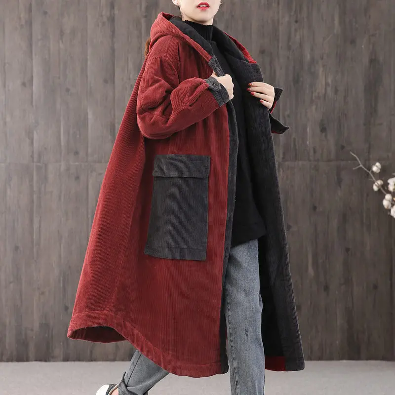 Women's Autumn and Winter Loose Long Cloak Parkas Corduroy Jacket Big Pocket Plus Cotton Thick Hooded Padded Coats Windbreaker