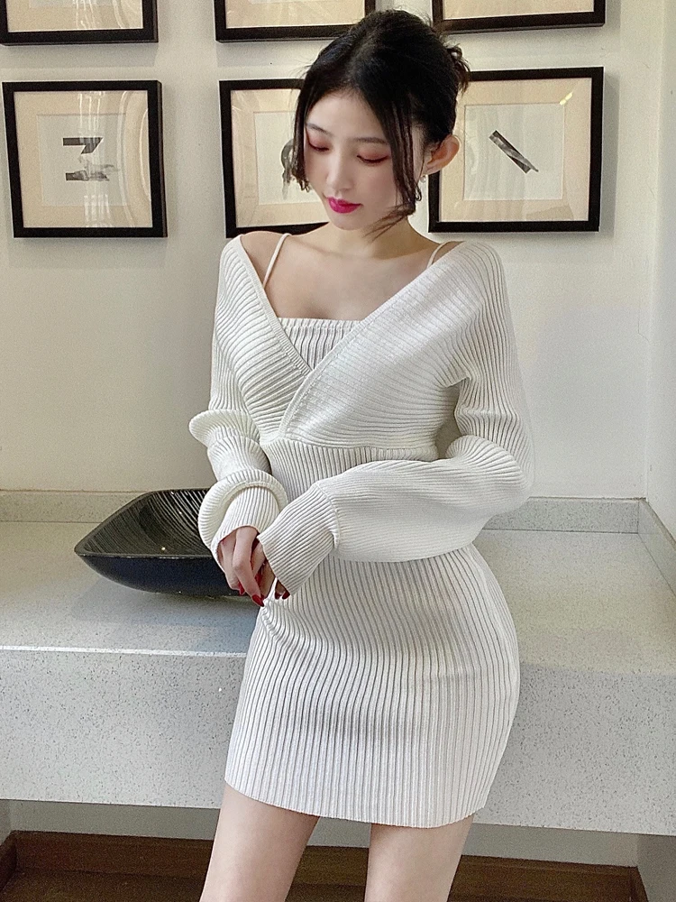 

Autumn Sexy Wrap Hip Long Sleeve Grey Strapless Knitted Dress Mini Fake Two Pieces White Slim Wild Fashion Vestido Feminino