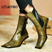 party fashion pumps women genuine leather ankle boots square toe mid heels sexy motorcycle party pumps shoe 34 35 36 37 38 39