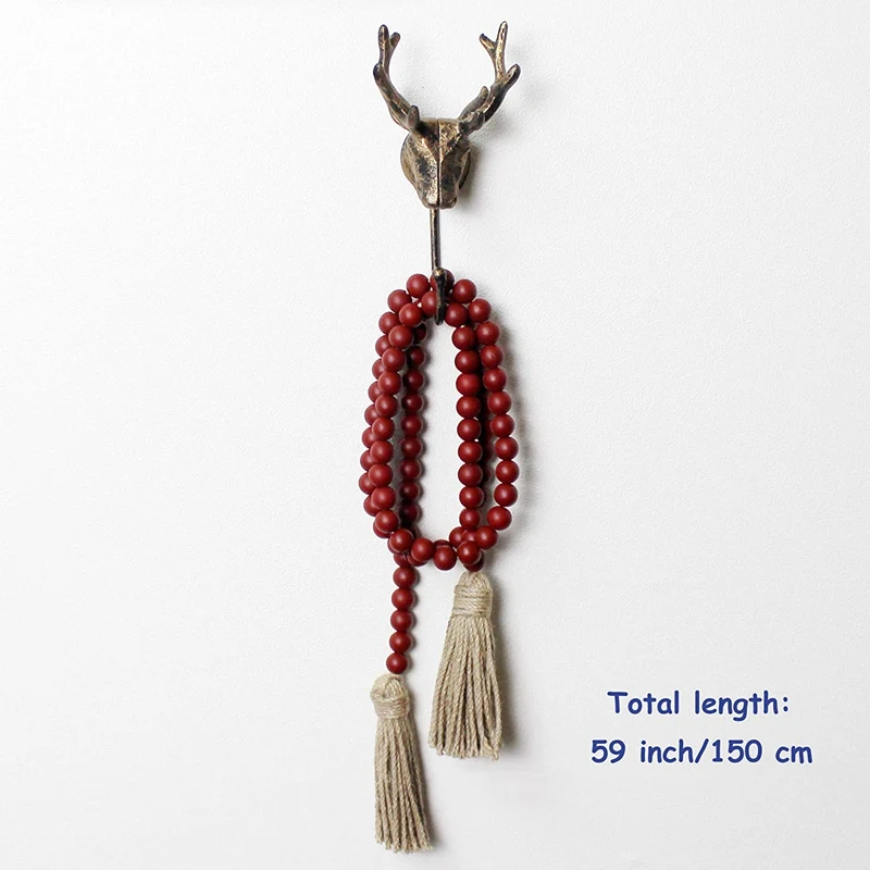 

2021 Wood Beads Garland with Tassels Farmhouse Rustic Wooden Prayer Bead String Wall Hanging Accent for Home