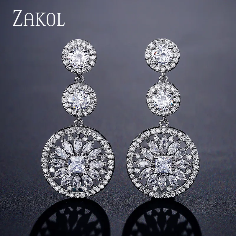 ZAKOL изысканные сферические круглые фианиты цветочные серьги-капли свадебные