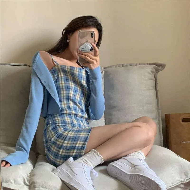 

QWEEK Blue Slip Dress Spaghetti Strap 2021 Summer Beach Plaid Sundress Sexy Bodycon Backless Mini Dress Casual Dress Women