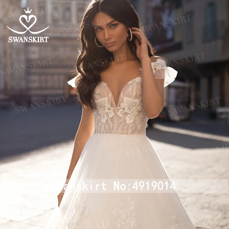 Милая свадебное платье Swanskirt I211 аппликации кружево с открытыми плечами платье трапециевидной формы платье принцессы, свадебное платье, украшенное бусинами с цветочным принтом; Vestido de Noiva