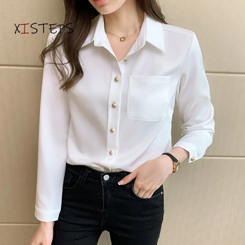 White Satin Blouses For Women 2021 Spring Ladies Office Work Wear Shirts Button Up OL Style Tops Femme Blusas Chiffon Clothes