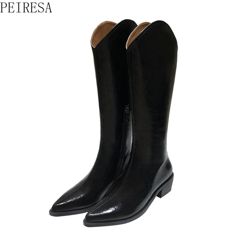 

2021 Pointed Western Cowboy Boots Women's High Boots Women's But The Knees Are Thin and Thick with Leather Long Boots