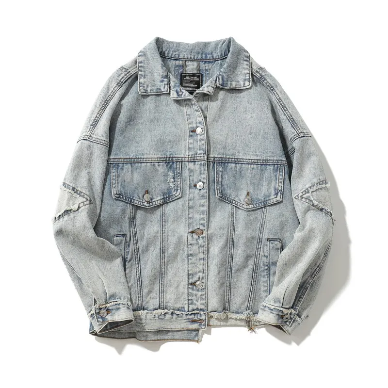 

Джинсовая куртка мужская повседневная, свободная джинсовая куртка в стиле хип-хоп, однобортная уличная одежда с отверстиями для разрыва