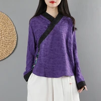 women blouse chinese retro 2021 autumn long sleeve retro flower tops linen shirt casual v neck blusas mujer
