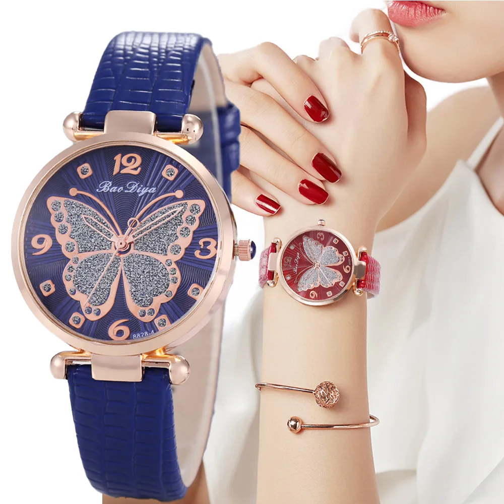 

Butterfly Diamond Dial Design Women Quartz Watches Fashion Casual Ladies Wristwatches Simple Woman Leather Clock Montre Femme