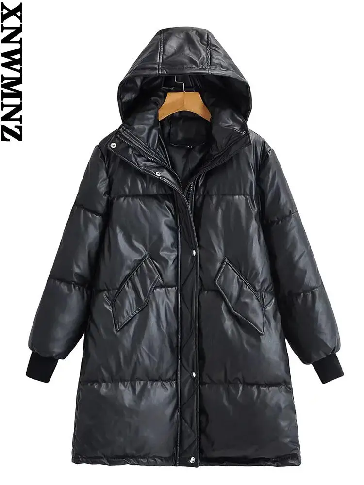 XNWMNZ New Winter coat Hooded Padded PU parka women Faux leather down jacket female loose zipper overcoat casual warm long coats