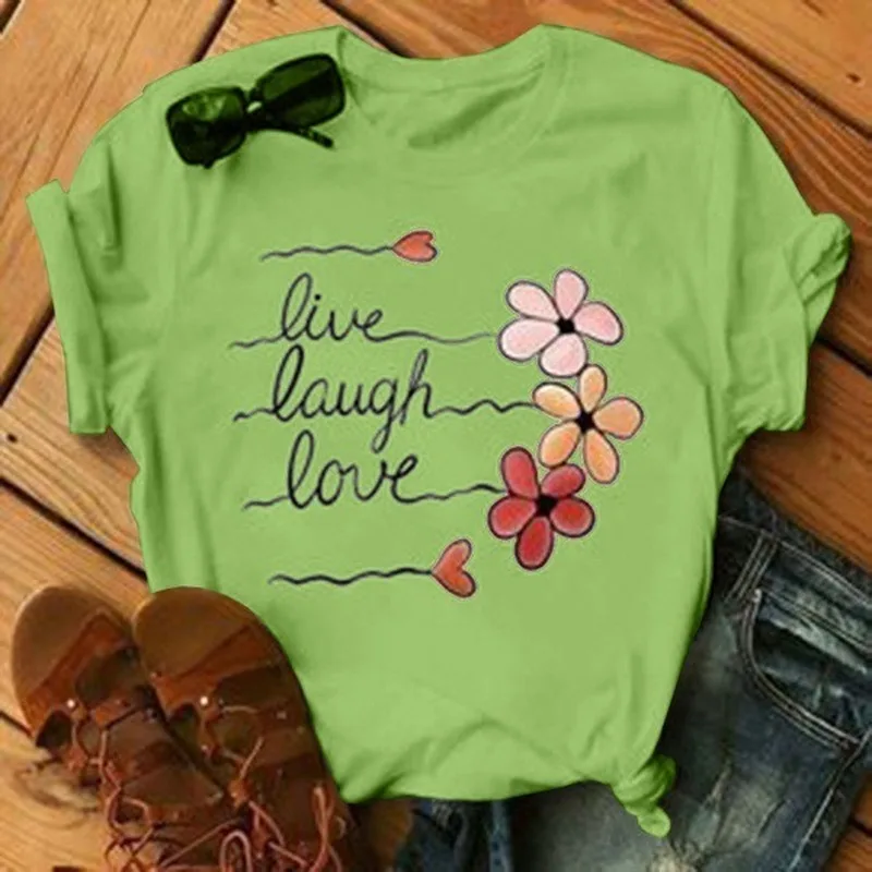 

Live Laugh Love Letter Print T Shirt Women Short Sleeve O Neck Loose Tshirt Summer Women Tee Shirt Tops Camisetas Mujer