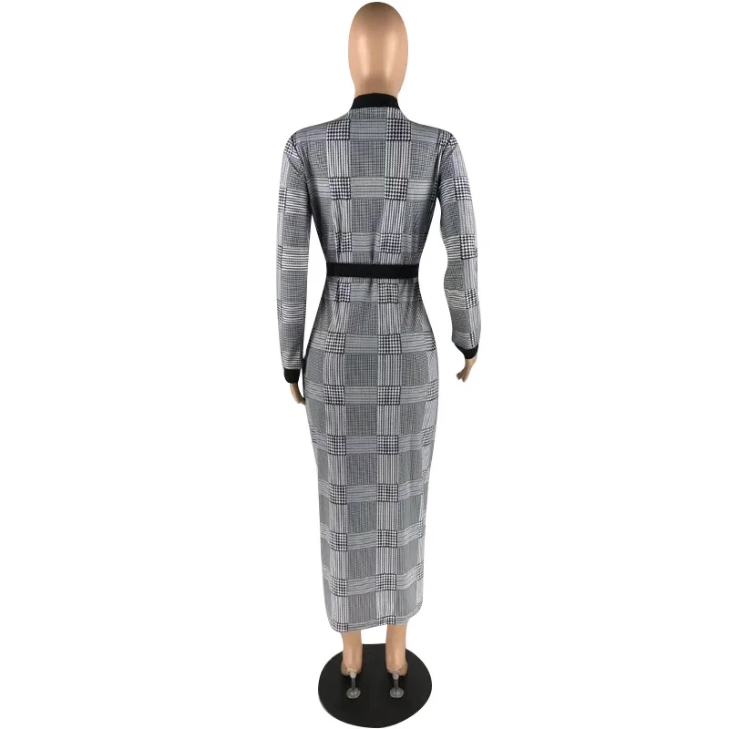 

2021 Spring Women Plaid Printing High Split Dress Lady's Sexy Deep V-neck Long Sleeve Single-breasted Party Dresses