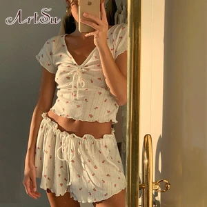 Комплект одежды ArtSu женский из 2 предметов, свободный топ и шорты в стиле бохо, эластичный облегающий элегантный пляжный костюм для отдыха, as28002, на лето, 2020