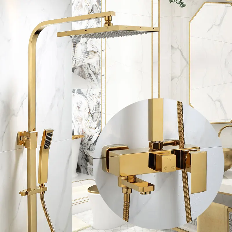 

Gold Brass Shower Set Square Rainfall with Handhold Shower System Wall Mounted Bathroom Shower Set