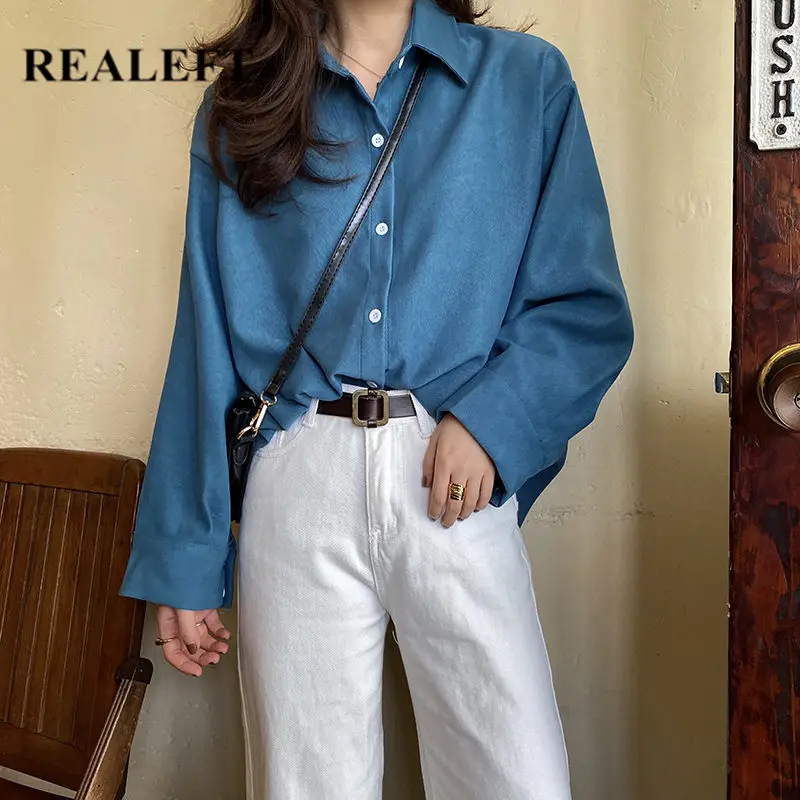 

Женская рубашка на пуговицах REALEFT, Повседневная Свободная блузка в Корейском стиле с отложным воротником и длинными рукавами, весна 2020
