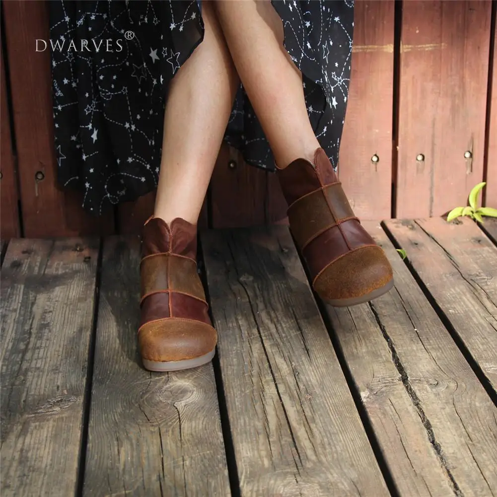 

Womens Handmade Leather Flats Boots Color Blocking Ankle Boots Original Design Coffee/Black