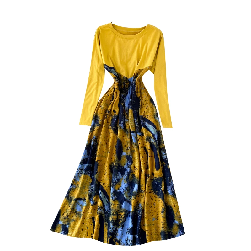 

Autumn Women's Yellow Patchwork Maxi Dress Elegant Round Neck Long Sleeve Vintage Long Dresses Boho Fashion Vestidos 2021