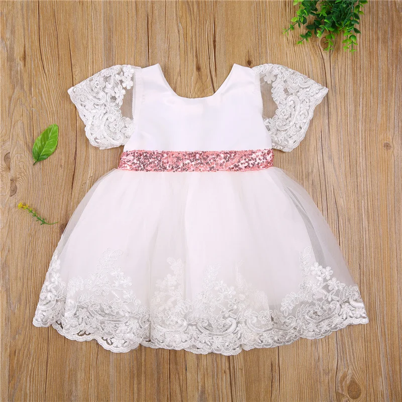 

Kids Princess Dress, Lace Trim U-Neck Short Sleeve with Sequins Bowknot for Summer, Pink/White, 0-5 Years