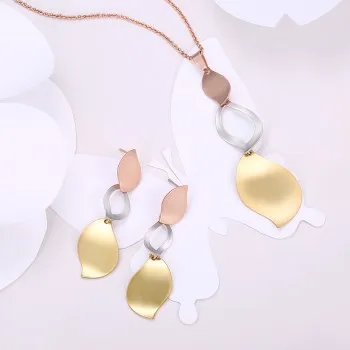 

K gold zircon two-piece set, leaf-shaped hollow pendant necklace earrings ladies set, yellow gold Jewelry wholesaler