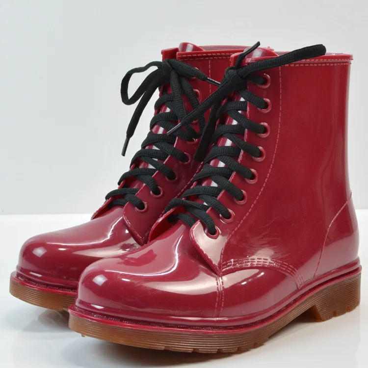 

Martin Rain Boots Fashion Ladies Flat-heel Solid Color Rain Boots Water Shoes Lace-up Warmth Mid-Calf Rain Boots Platform Shoes