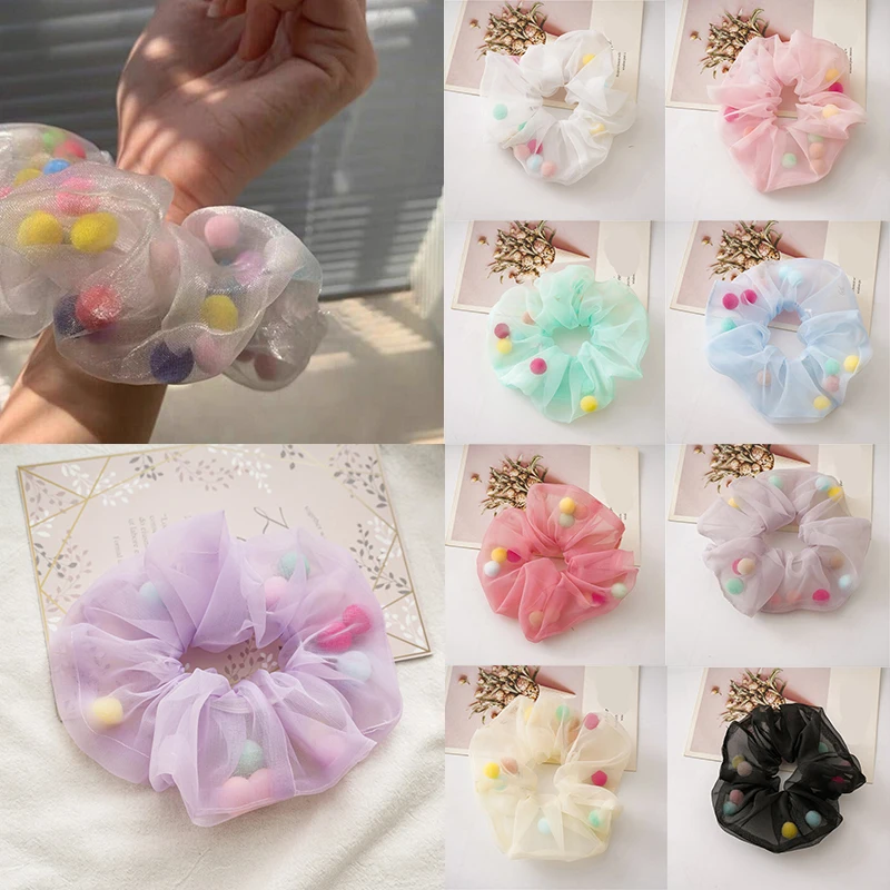 

New Cute Mesh Scrunchie Hair Rope Rubber Band Transparent Tulle Net Yarn Hair Ring Tie Colorful Balls Organza Hair Accessories