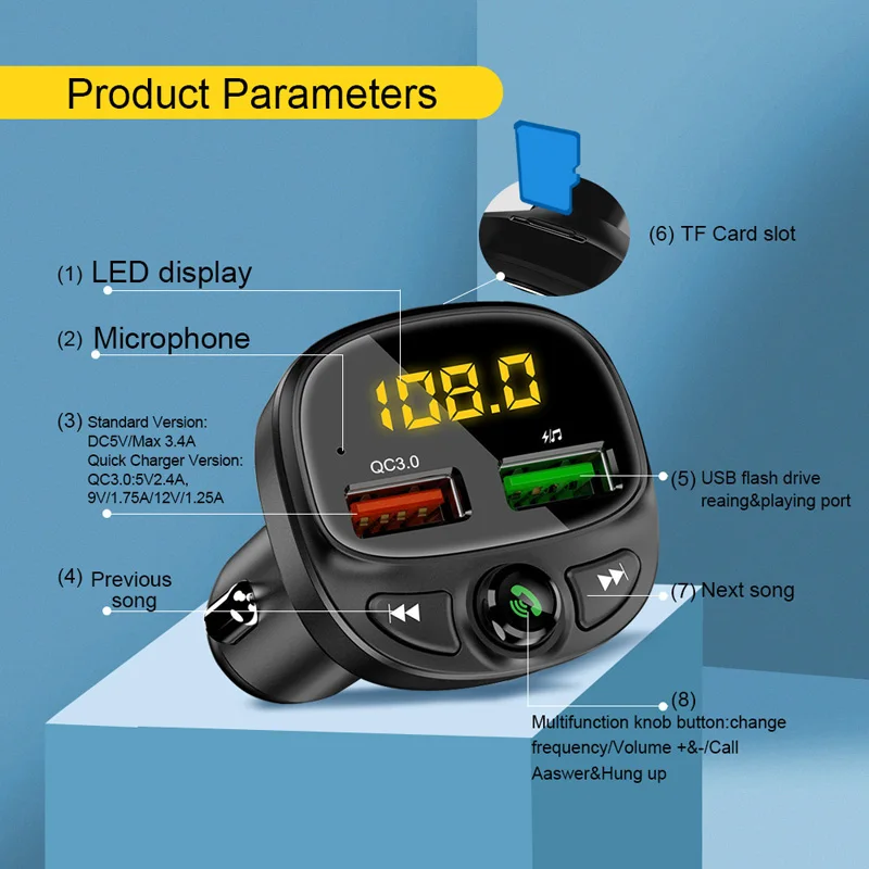 

FM Transmitter Aux Modulator Wireless Bluetooth Handsfree Car Kit Car Audio MP3 Player Quick Charge Dual USB Car Charger Adapter