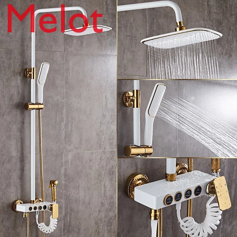 

Shower Faucets Brass White Bath Shower Set Wall Mount Bathtub Faucet Set Rain Shower Head Handheld Round Tub Mixer Taps WF-18088
