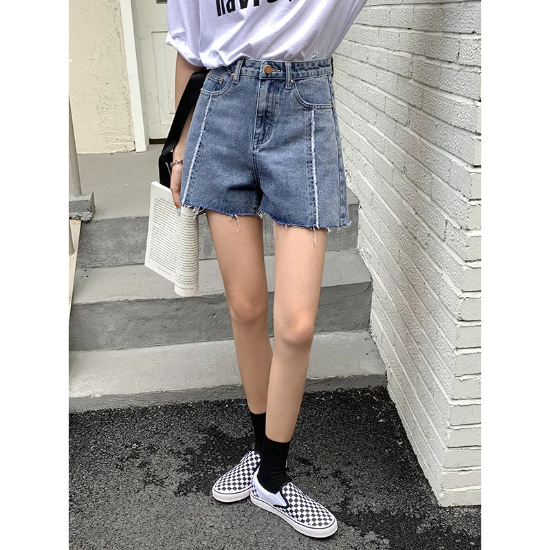 

Design sense denim shorts women's 2021 summer Korean high waisted small straight hot pants with rough edge k8762