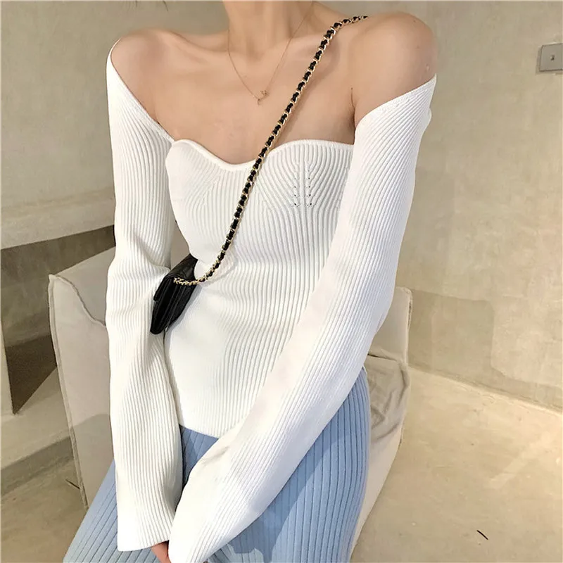 

Cotday Square Collar Off Shoulder Black Long Sleeve Thin Sexy Knitted Tops 2020 New Autumn Casual Vintage Pullover Sweaters