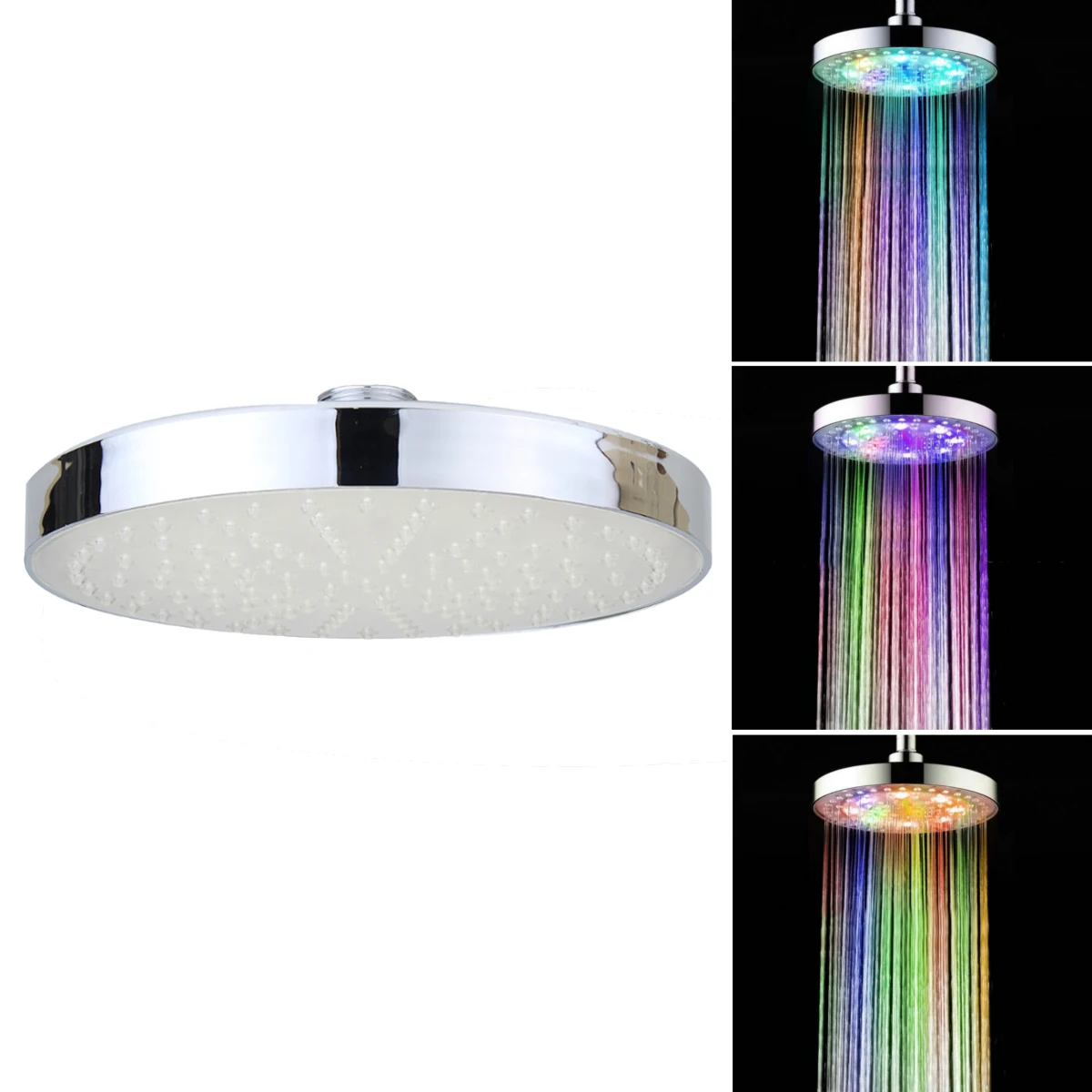 

360° Adjustable 8 Inch LED Round Chrome Rain Bathroom Shower Head Rainfall 7 Color Changing Bath