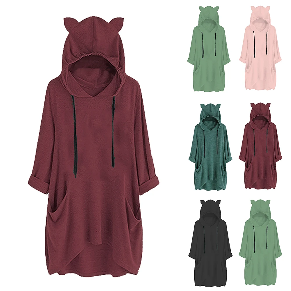 

New Cute Ears Hooded Women Sweet Solid Pockets Casual Pullover Loose Winter Sweatshirts Autumn Vintage Clothes
