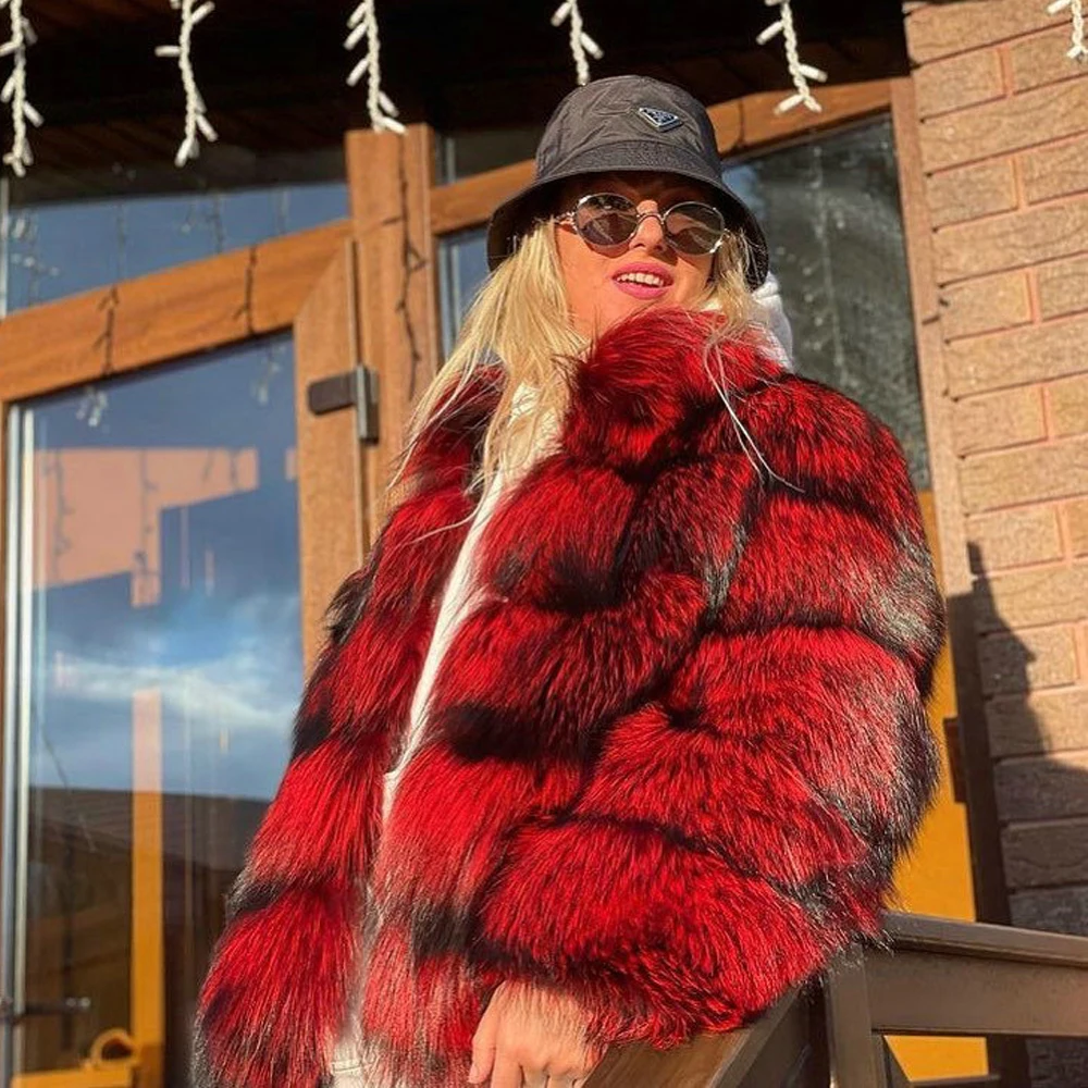 2022 New Winter Real Red Fox Fur Jacket with Stand Collar Fashion Women Whole Skin Genuine Fox Fur Coats Female Luxury Overcoats