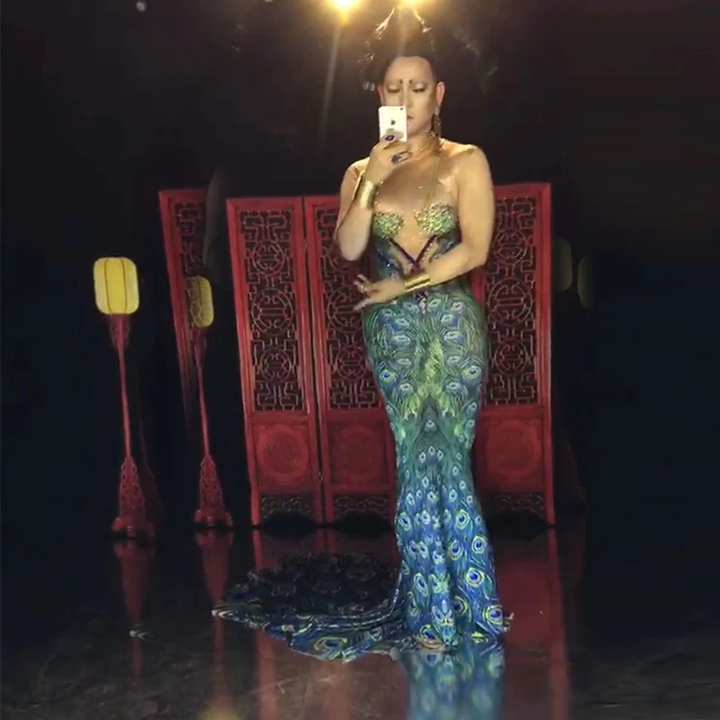 

Женское сексуальное платье с принтом павлина, костюм королевы для ночного клуба шоу бара сцены подиума дня рождения праздника сцены одежда ...