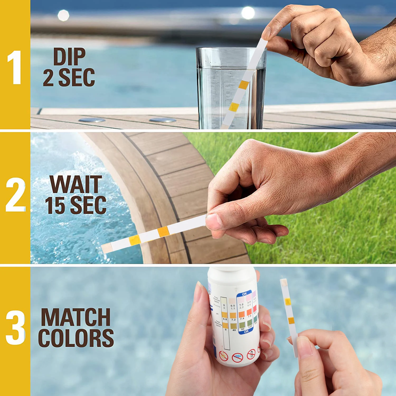 

3-in-1 Water Quality Test Strips Spa and Pool Tap Water Test Strips Tester for Free Chlorine/Bromine/pH/Total Alkalinity 50ct