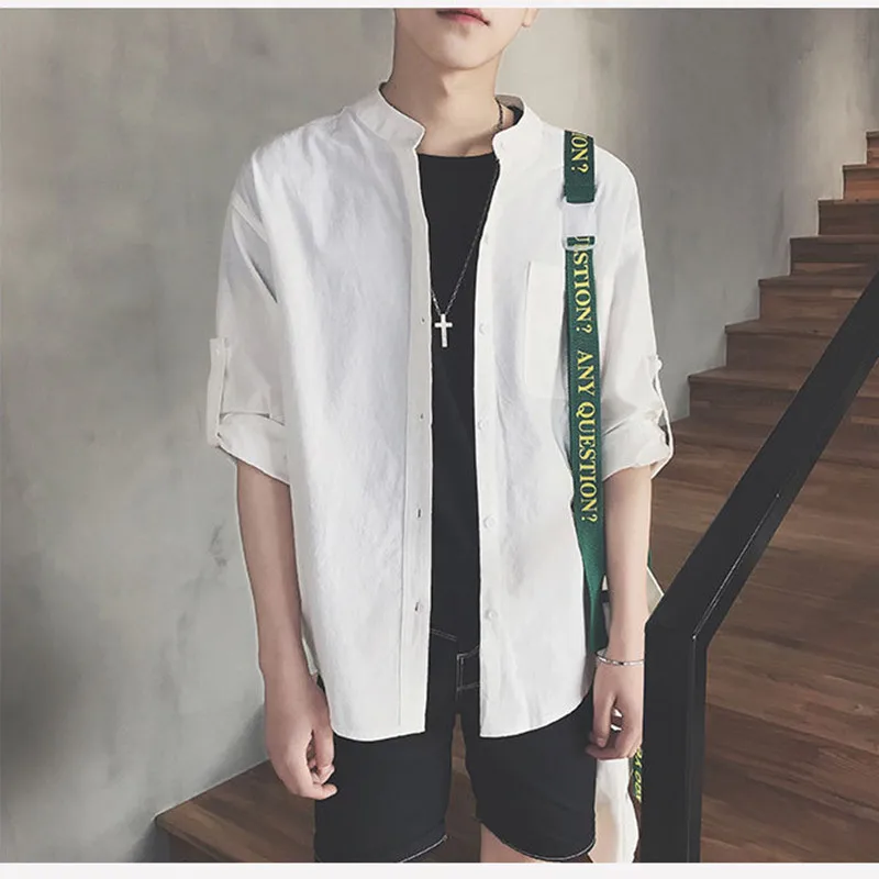 

2021 Men Casual Shirt Cotton Stand Collar Short Sleeve Pockets Solid Color Fashion Blouse Button Streetwear
