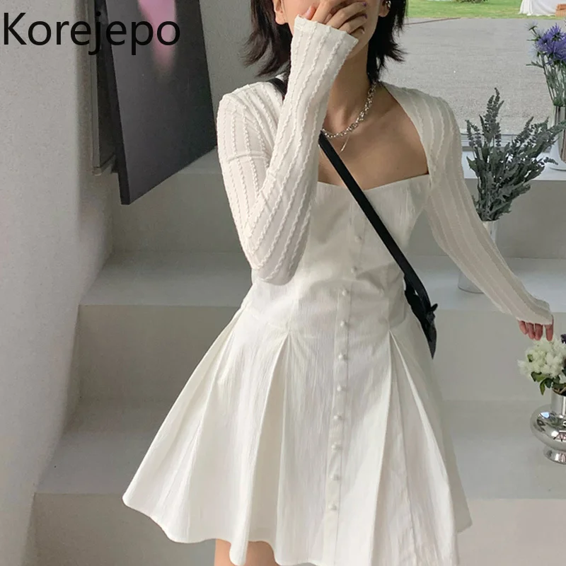 

Korejepo Fake Two Piece Knitted Stitching Dress 2021 White Long Sleeve Women's Autumn and Winter Temperament First Love Dresses