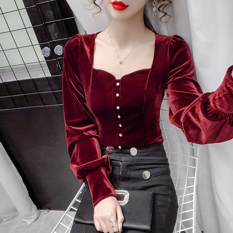 

French retro velvet top women's 2021 spring new design base plus size clothes women blouses Cotton Streetwear