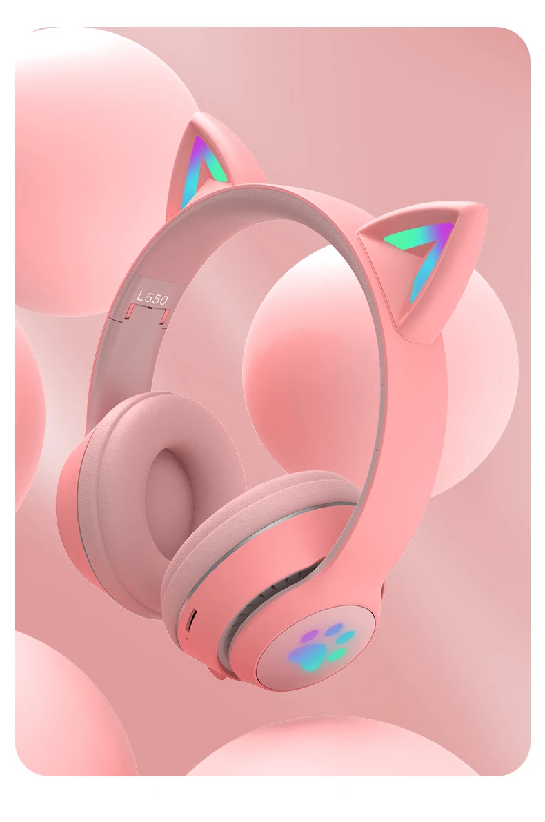 

Cartoon LED lighting effect cute cat ear wireless Bluetooth headset can plug in microphone to support TF Card Girls and children