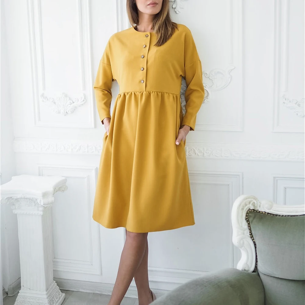 

Women Elegant Dress Yelloow 2021 Fashion O-neck Loose Dresses Autumn Ladies Long Sleeve Midi Club Party Dress Birthday Outfits