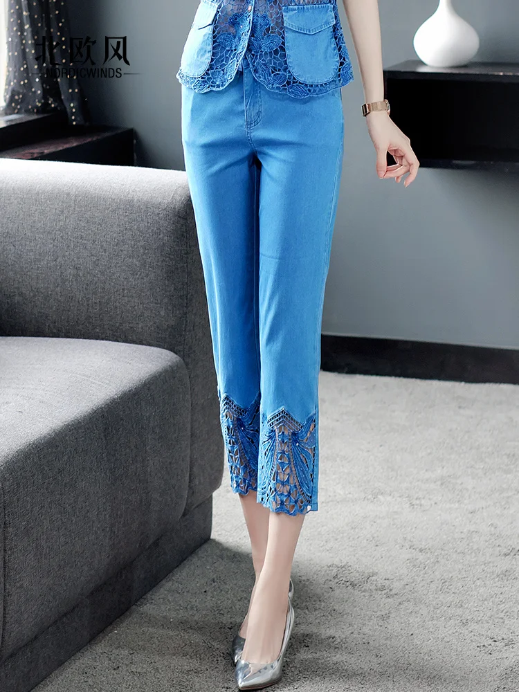 2021 spring and summer new arrival denim stitching embroidery hollow out lightweight  large size jeans women fashion slim jeans