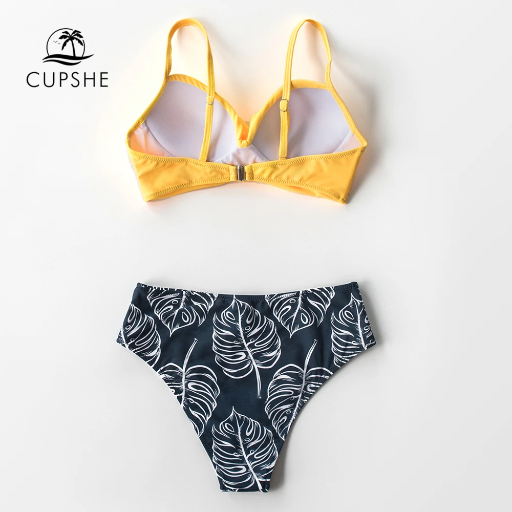 CUPSHE Yellow Twist-Front Palm Print High-Waisted Bikini Sets Sexy Swimsuit Two Pieces Swimwear Women 2020 Beach Bathing Suits | Женская