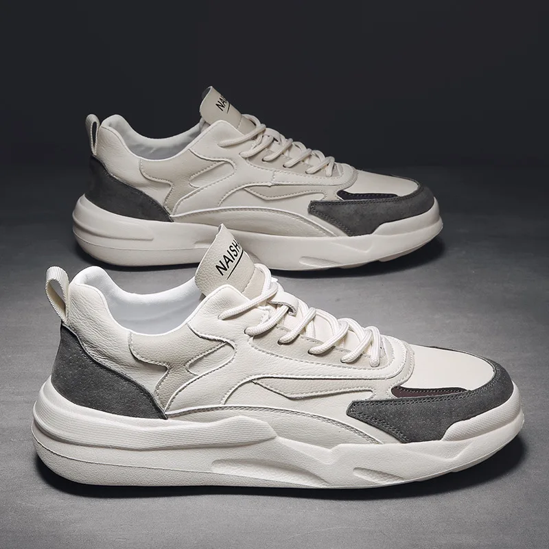 spesifikasi Sepatu Kasual Kulit Pria High End Baru Semua Musim Patchwork Bertali Sepatu Flat Santai Sneakers Fashion Pria 2021