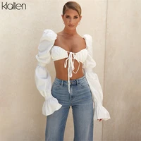 klalien fashion sexy bandage low chest beach t shirt women elegant white lantern sleeve french romantic slim wild female top