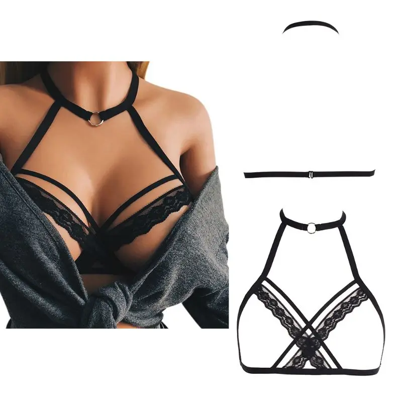 

Womens Sexy Cage Halter V-Neck Lingerie Bustier Hollow Open Cup Harness Bra Criss Cross Floral Lace Bandage Underwear Crop Top