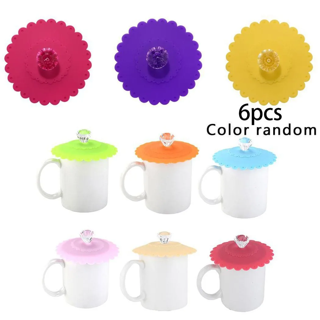 

6 X Silicone Cup Lids 10.5x10.5x4cm Transparent Diamond With Flower Pattern Cup Lids Dust-Proof Silicone MugCover