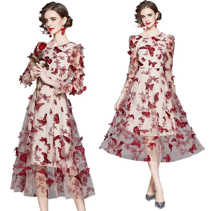 

2021 New Spring Summer 3D Butterfly Floral Embroidery Mesh Dresses for Women Puff Sleeve O-neck Elegent Dress Party Vestidos
