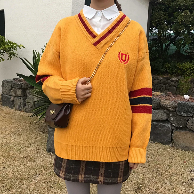 

Autumn Winter Lazy V-neck Retro Sweaters Women Preppy Style Hit Color Loose Embroidery Knit Pullover Female Sweet Thick Jumper