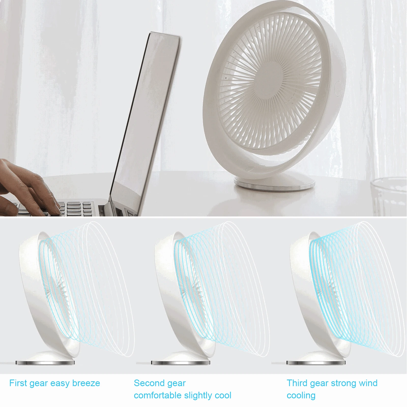 

USB Rechargeable Desktop Fan Portable 90° Rotating Fan Summer Strong Wind Desktop Fan 3-speed Adjustable Silent Radiator Cooler