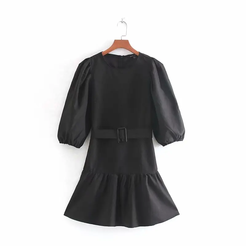 Осеннее женское модное мини платье с круглым воротником и рукавами фонариками